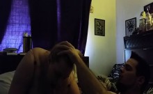 Horny fat blonde sucking and fucking her man in the bed