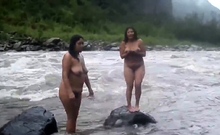 Two indian mature womens bathing in river naked