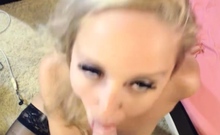 Hot blonde sucks dick on her knees